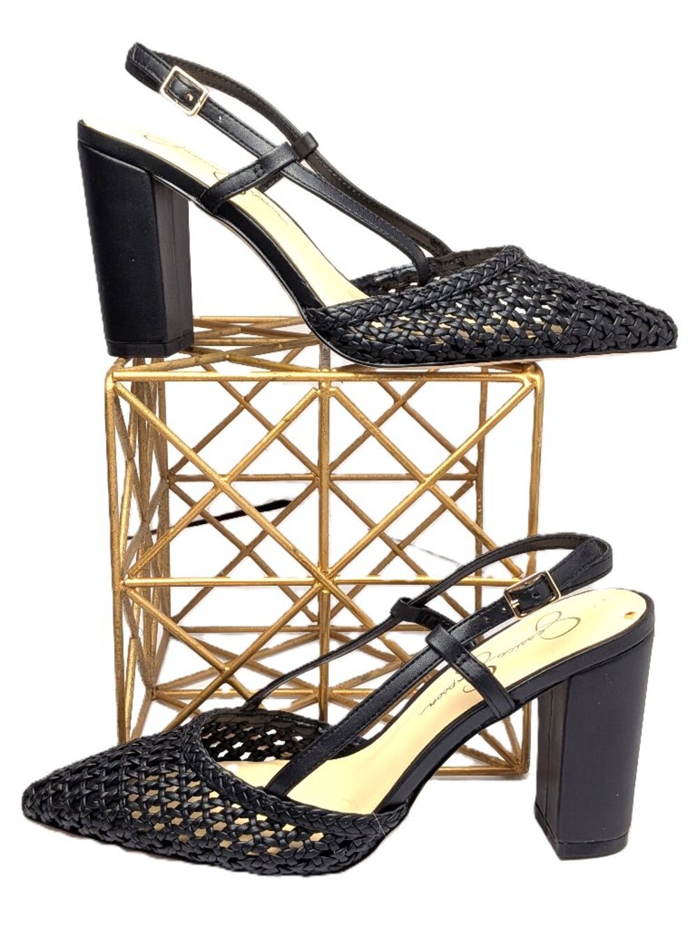 Jessica Simpson Nyara Black Woven Pointed Toe Block Heel 8 Buckle NWOT